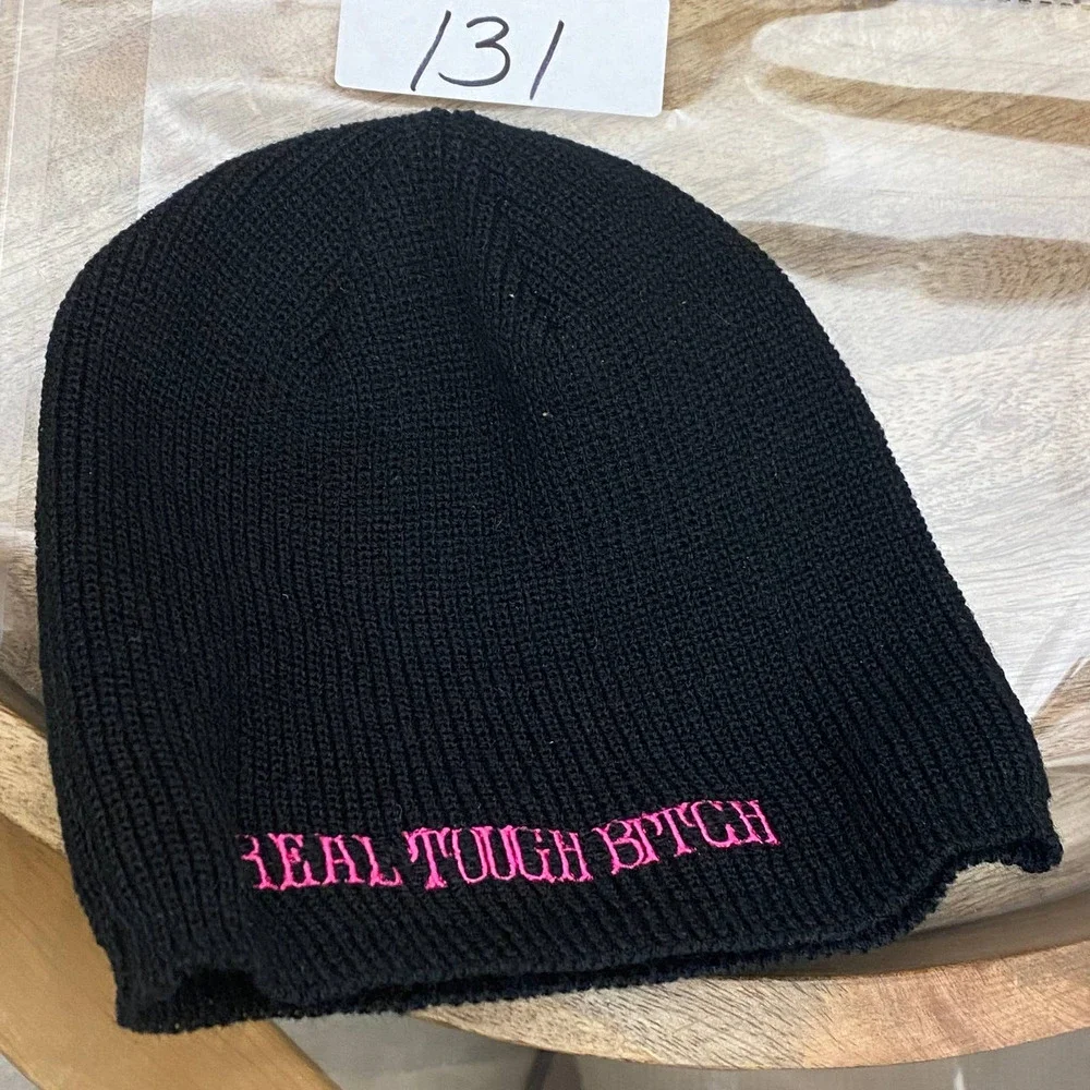 RTB Real Tough Babe Black Biker Beanie Knit Stocking Cap Hat Pink Embroidered